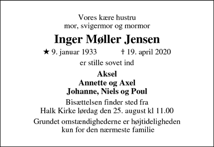 Dødsannoncen for Inger Møller Jensen - Haderslev