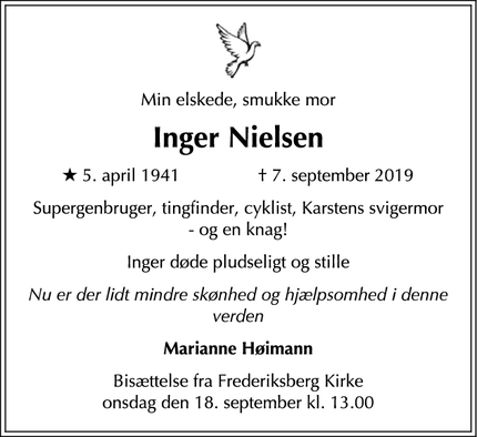 Dødsannoncen for Inger Nielsen - København V