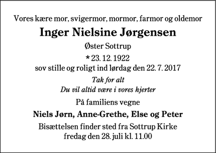 Dødsannoncen for Inger Nielsine Jørgensen - Sønderborg
