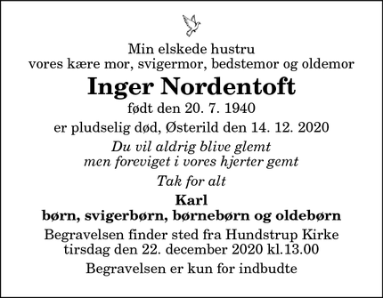 Dødsannoncen for Inger Nordentoft - Østerild