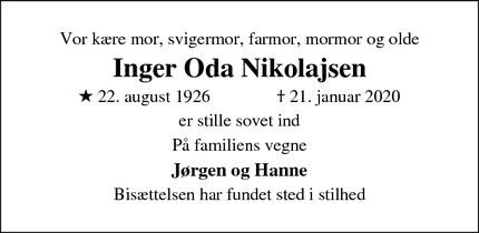Dødsannoncen for Inger Oda Nikolajsen - Vejby