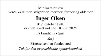 Dødsannoncen for Inger Olsen - Karise