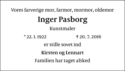 Dødsannoncen for Inger Pasborg - København V