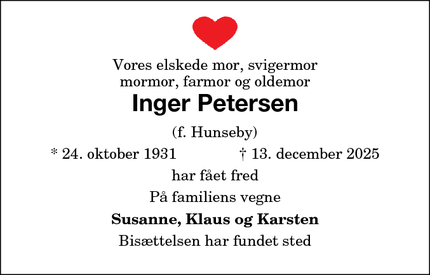 Dødsannoncen for Inger Petersen - Maribo