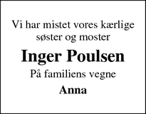 Dødsannoncen for Inger Poulsen - Nr. Nebel