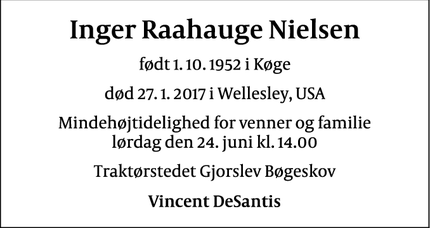 Dødsannoncen for Inger Raahauge Nielsen - Wellesley USA
