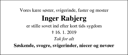 Dødsannoncen for Inger Rabjerg - Skjern