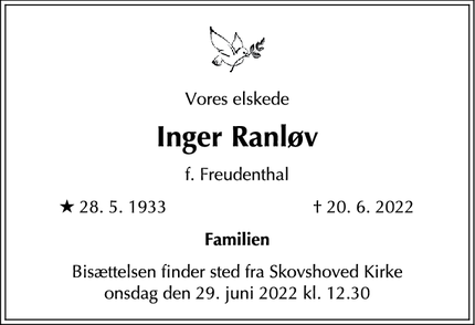 Dødsannoncen for Inger Ranløv - Gentofte