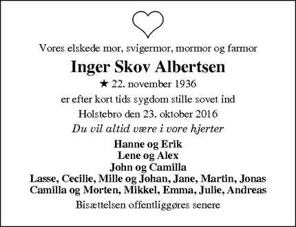 Dødsannoncen for Inger Skov Albertsen - Lem