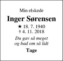 Dødsannoncen for Inger Sørensen - Middelfart