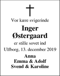 Dødsannoncen for Inger Østergaard - ULFBORG