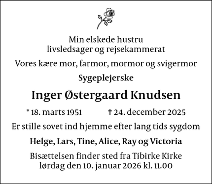 Dødsannoncen for Inger &Oslash;stergaard Knudsen - Tisvildeleje