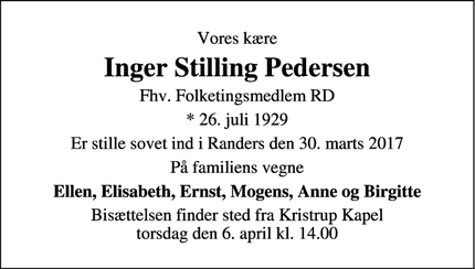 Dødsannoncen for Inger Stilling Pedersen - Randers