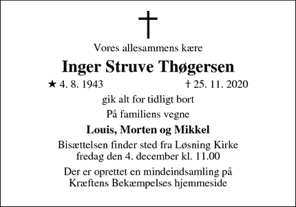 Dødsannoncen for Inger Struve Thøgersen - Guldborg