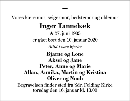 Dødsannoncen for Inger Tannebæk - Sdr. Felding
