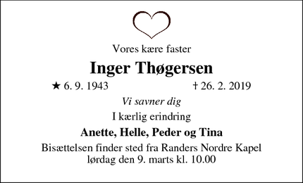 Dødsannoncen for Inger Thøgersen - Dronningborg