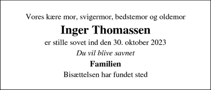 Dødsannoncen for Inger Thomassen - Favrskov