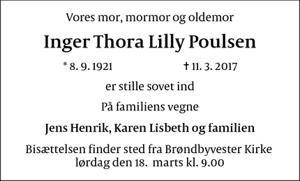 Dødsannoncen for Inger Thora Lilly Poulsen - Brøndby