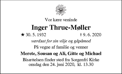 Dødsannoncen for Inger Thrue-Møller - Sorgenfri