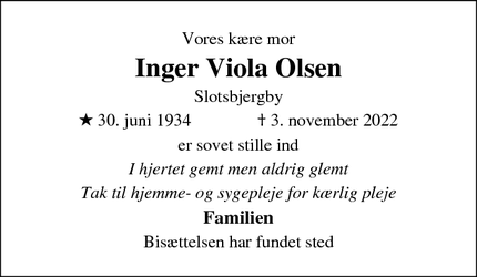 Dødsannoncen for Inger Viola Olsen - slotsbjergby