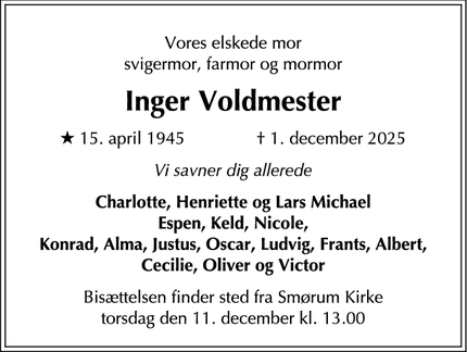 Dødsannoncen for Inger Voldmester - Smørum