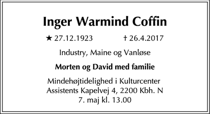 Dødsannoncen for Inger Warmind Coffin - Industry, Maine og Vanløse