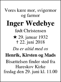 Dødsannoncen for Inger Wedebye - Hareskov