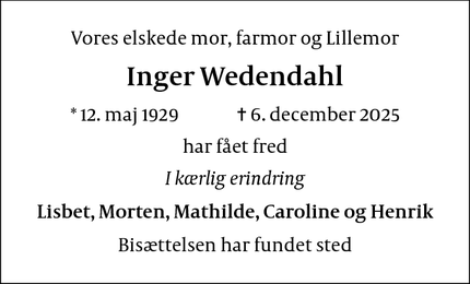 Dødsannoncen for Inger Wedendahl - 2970 Hørsholm