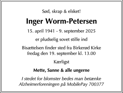 Dødsannoncen for Inger Worm-Petersen - København N