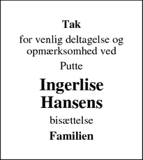 Taksigelsen for Ingerlise Hansens - 7100 Vejle