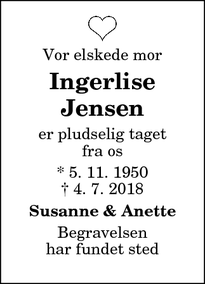 Dødsannoncen for Ingerlise Jensen - Hvilsom
