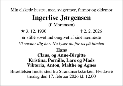 Dødsannoncen for Ingerlise J&oslash;rgensen - Hvidovre