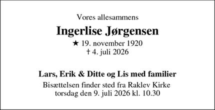 Dødsannoncen for Ingerlise J&oslash;rgensen - Kalundborg