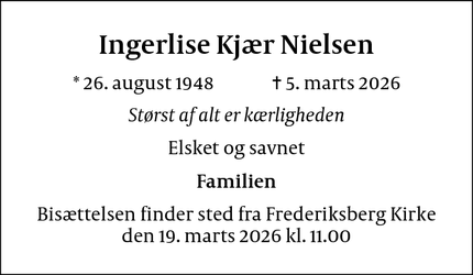 Dødsannoncen for Ingerlise Kj&aelig;r Nielsen - Valby