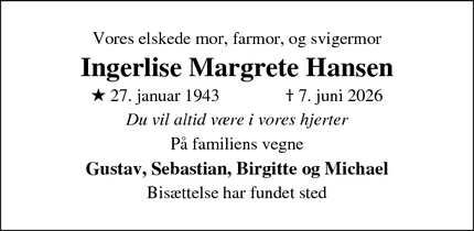 Dødsannoncen for Ingerlise Margrete Hansen - Ballerup