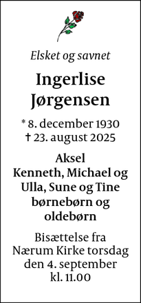 Dødsannoncen for Ingerlise
Jørgensen - Gl. Holte