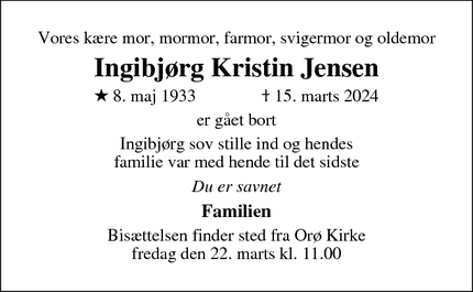 Dødsannoncen for Ingibjørg Kristin Jensen - Bybjerg, Orø