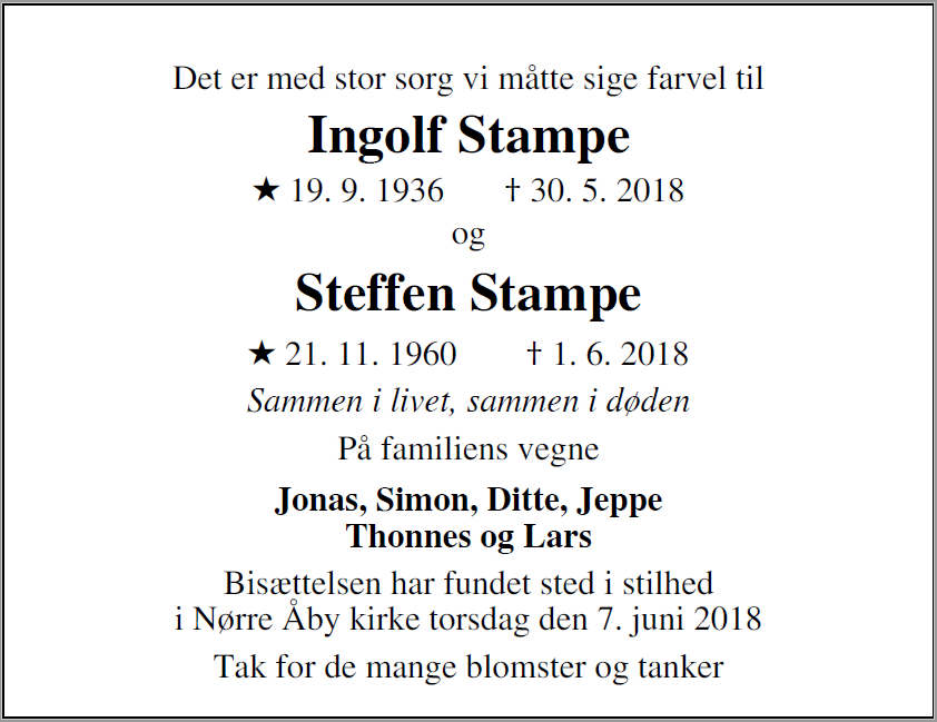 Dødsannoncen for Ingolf Stampe - Nørre Aaby