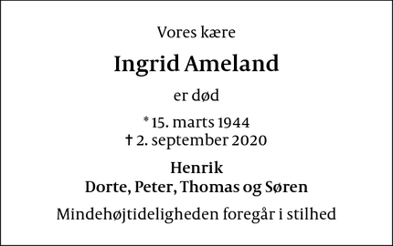 Dødsannoncen for Ingrid Ameland - 4480 Store Fuglede