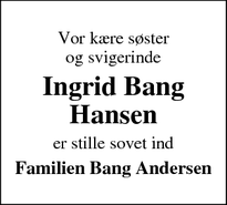 Dødsannoncen for Ingrid Bang
Hansen - Ulfborg