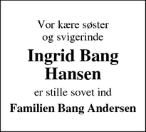 Dødsannoncen for Ingrid Bang
Hansen - Ulfborg