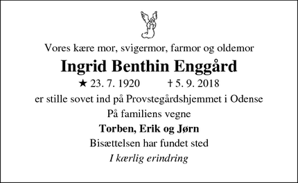 Dødsannoncen for Ingrid Benthin Enggård - Odense