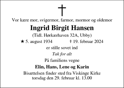 Dødsannoncen for Ingrid Birgit Hansen - 5881 Skårup Fyn