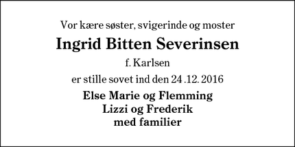 Dødsannoncen for Ingrid Bitten Severinsen - Varde