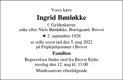 Dødsannoncen for Ingrid Bønløkke - Haderslev