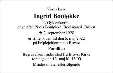 Dødsannoncen for Ingrid Bønløkke - Haderslev