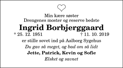Dødsannoncen for Ingrid Borbjerggaard - Frederikshavn 