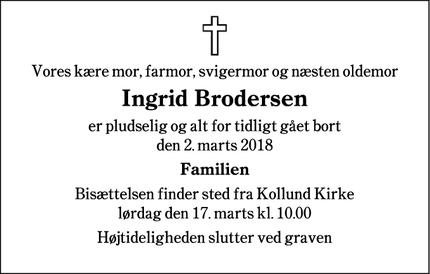 Dødsannoncen for Ingrid Brodersen - Kruså