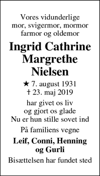 Dødsannoncen for Ingrid Cathrine Margrethe
Nielsen - Fredericia