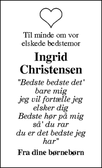 Dødsannoncen for Ingrid Christensen - Sønderborg, Danmark